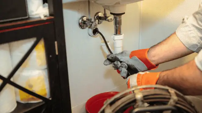 Drain cleaning technician using a motorized plumbing snake to clear a clogged sink pipe in Santa Ana, CA